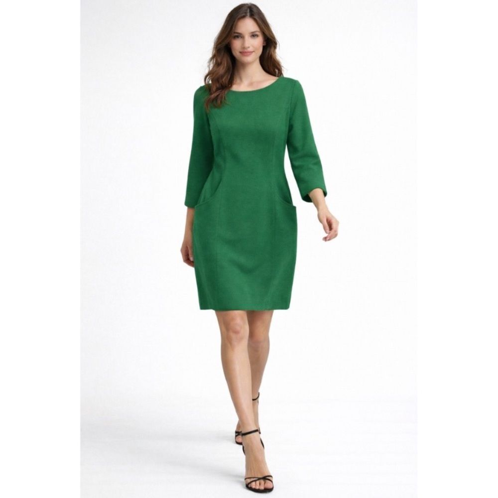 Boden Green Ottoman Rib Knit 3/4 Sleeve Shift Dress with Pockets J0134 Size 14